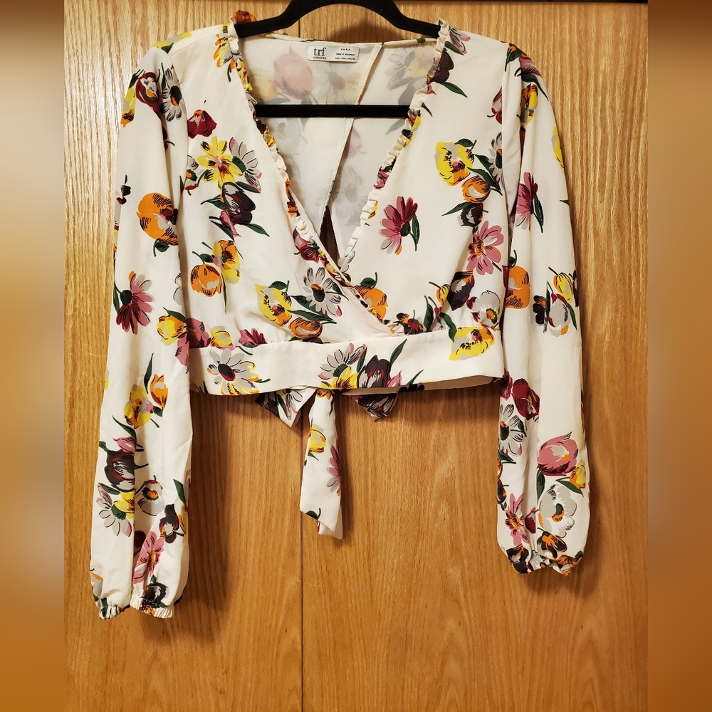 Zara TRF Collection Floral Crop Blouse - White and Multicolor Floral